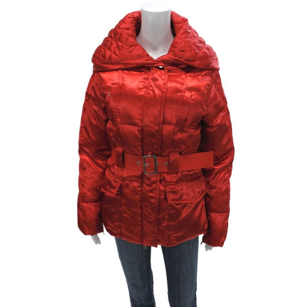 Oltre Womens Red Puffer Jacket Long Sleeve Buckle Polyester Size 6